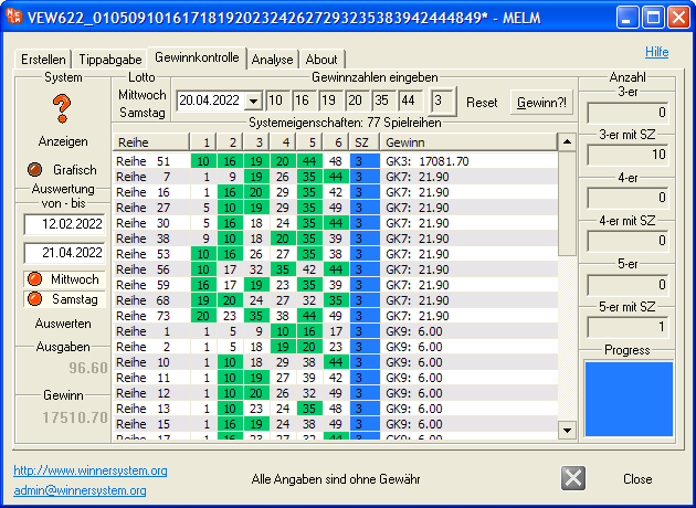 Lottoauswertung des Lotto-Teilsystems VEW 622