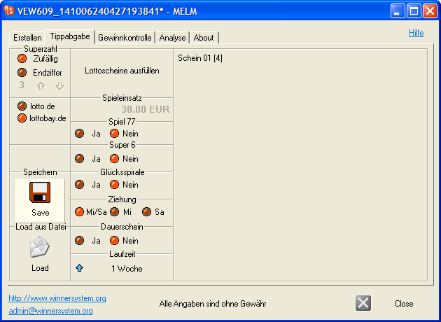 Funktion"Save" des Lottoprogramms MELM